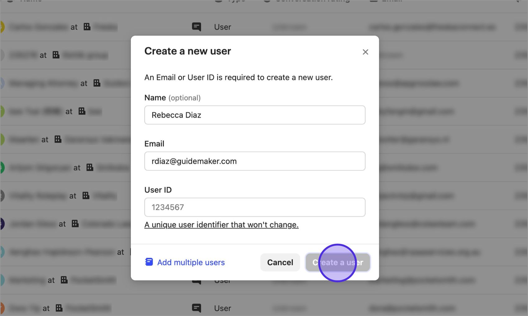 Fill out the "Create a new user" popup form